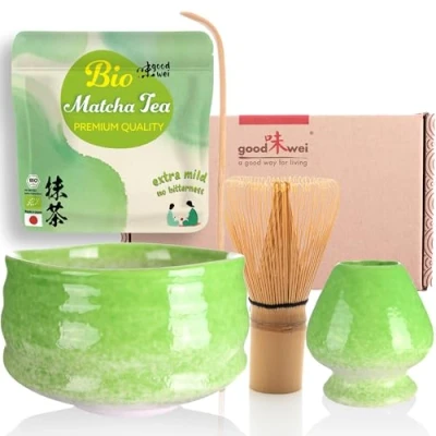 Imagen de Goodwei Juego de Matcha 30g Té Biológico Japonés, Cuenco Ceremonial, Batidor y Soporte (Midori)