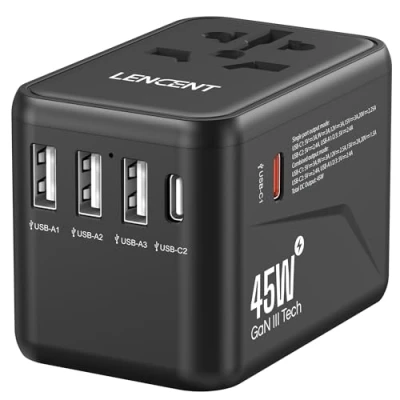 Imagen de LENCENT Adaptador Enchufe Universal GAN III 45W, Cargador Internacional con 3 USB A y 2 C PD Carga Rápida, de Viaje para Móvil, Tableta, Portátil (USA/UK/EU/AUS), Tipo A/C/G/I, Negro
