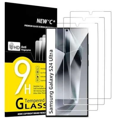 Imagen de NEW&#039;C 3 Piezas, Protector Pantalla para Samsung Galaxy S24 Ultra[no S24/S24 Plus],Cristal templado Antiarañazos, Antihuellas, Sin Burbujas, Dureza 9H, 0.33 mm Ultra Transparente, Resistente