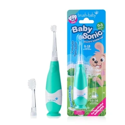 Imagen de New Brush Baby BabySonic Cepillo de dientes eléctrico para niños pequeños, funciona con pilas, cerdas extrasuaves una limpieza suave, edades 0 a 3 años, Green