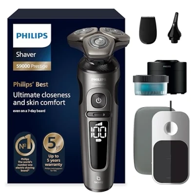 Imagen de Philips S9000 Prestige, afeitadora eléctrica Wet &amp; Dry, champán dorado, tecnología SkinIQ, funda Premium, panel de carga Qi, recortador precisión y para nariz, Cleaning Pod, modelo SP9882/36