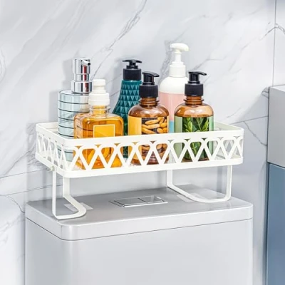 Imagen de BELLE VOUS Blanca Estante para Almacenar Papel Higiénico sobre Inodoro Estantería de Baño Acero Inoxidable Organizador Accesorios con Ganchos Colgar o Mueble WC