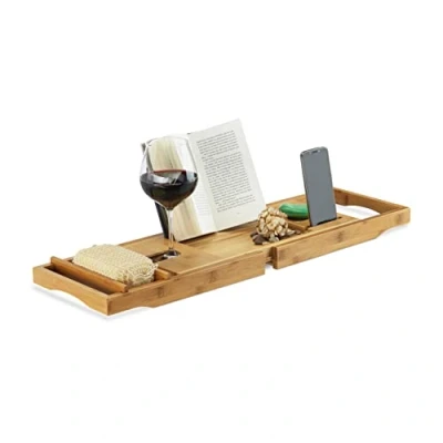 Imagen de Relaxdays Bandeja para Bañera Extensible con Atril, Bambú, Beige, 19 x 107.5 23 cm