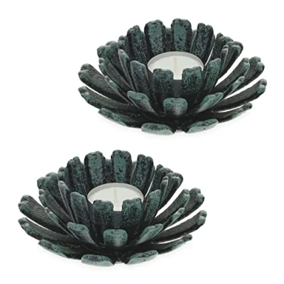 Imagen de Relaxdays 2er Set Teelichthalter in Blumenform Pack de 2 Portavelas, Forma Flor, Candelabros Hierro Fundido, Interior y Exterior, 6x13,5cm, Verde