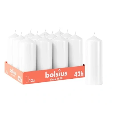 Imagen de Bolsius Velas lisas Blanco 12 unidades 15 x 6 cm decorativas para el hogar Tiempo de combustión 42 horas Sin perfume Contiene cera vegetal natural aceite palma