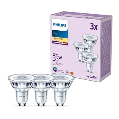 Imagen de Philips Bombilla tipo foco 3.5W (Eq. 35W) 255 lúmenes, casquillo GU10, Luz Blanca Cálida (2700k) Pack 3 Bombillas