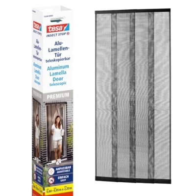 Imagen de tesa 55298 Stop ALU Telescópica con Lamas Mosquitero Extensible para Puertas de Balcón, Patio, Terraza o Jardín Cortina Protección Anti Insectos Fácil Instalación sin Taladrar, Antracita