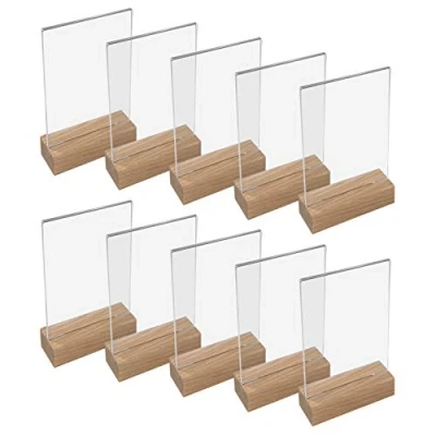 Imagen de HMF 46940 Soporte de Sobremesa Acrílico con Base Madera 10 Piezas DIN A6 Vertical Transparente