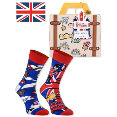 Imagen de Rainbow Socks Hombre Mujer Inglaterra Divertidos Calcetines Maleta 1 Par English Breakfast Tea Queen Elizabeth Talla UE 47 50