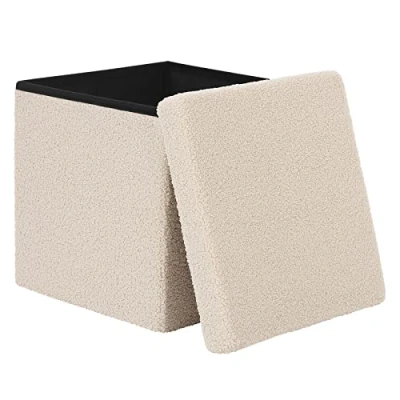 Imagen de eSituro Puff Taburete para Almacenaje, Baúl Almacenamiento 38 L, Plegable Otomano Asiento, Reposapiés Salón Cama y Sofa, de Forro Polar Beige