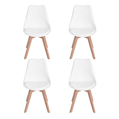 Imagen de H.J WeDoo Pack de 4 Sillas Comedor Silla Escandinava, Pata Madera Haya y Asiento Acolchado, Estilo Nórdico Blanco