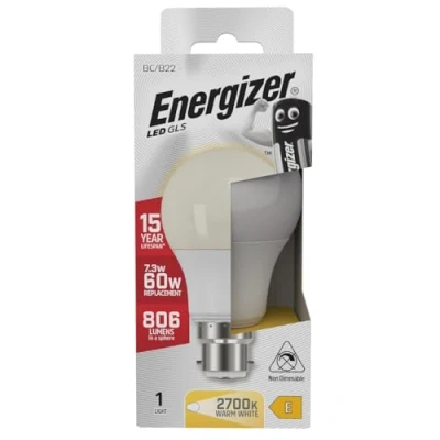 Imagen de ENERGIZER 60W Bulb S8862 BC Bombilla LED B22 GLS, 60 W de Repuesto Tradicional, 806 Lumens luz Blanca cálida, B22d (Bayonet Cap), 9wattsW