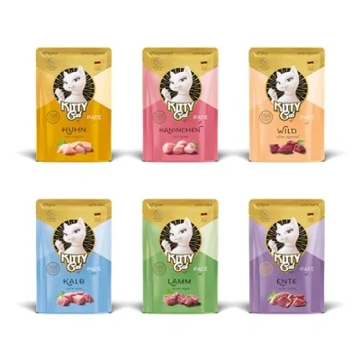 Imagen de KITTY Cat Paté Mix 1, 6 x 85 g, Comida húmeda para Gatos en Paquete de Muestra, sin Cereales con taurina, Aceite salmón y mejillón Labios Verdes, pienso Completo Alto