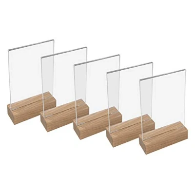 Imagen de HMF 46940 Soporte de Sobremesa Acrílico con Base Madera 5 Piezas DIN A6 Vertical Transparente