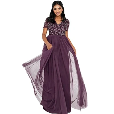 Imagen de Maya Deluxe Vestido Maxi Adornado con Escote En V Dama de Honor para Mujer, Frutas del Bosque, 48