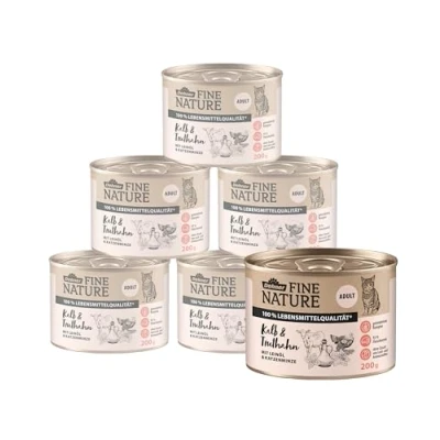 Imagen de Dehner Fine Nature Comida húmeda para Gatos, sin Cereales, Gatos Adultos, Ternera/Pavo, 6 latas de 200 g (1,2 kg)