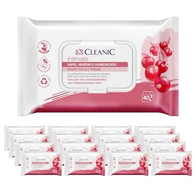 Imagen de Cleanic Intimate papel Higiénico húmedo desechable combina y toallitas. Limpia la zona íntima con extracto de arándano prebiótico. 640 unidades (16x40)