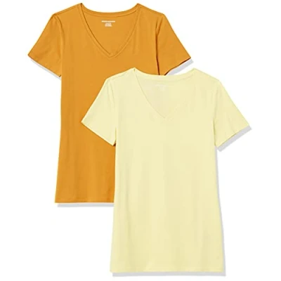 Imagen de Amazon Essentials Camiseta de Cuello en v Manga Corta y Ajuste Clásico Mujer, Pack 2, Amarillo Claro/Amarillo Dorado, XL
