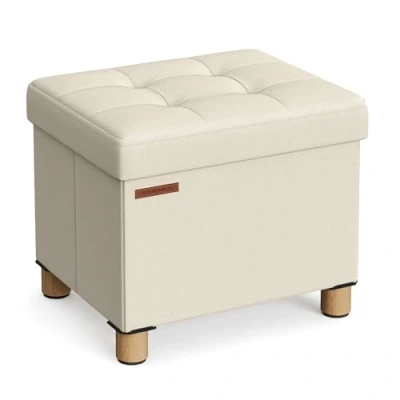 Imagen de SONGMICS Puff Almacenaje, Baúl de Almacenaje Plegable, 32 x 40 cm, Taburete Reposapiés, Banco con Almacenamiento, Soporta hasta 300 kg, para Sala Estar, Dormitotio, Blanco Crema LSF012W11
