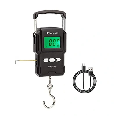 Imagen de Rhorawill Recargable Bascula Digital Viaje Báscula de Pesca, Hasta 165lb/75kg, Balanza Colgante con LCD Retroiluminado y Cinta Métrica Para Viajes, Vida en el Hogar Al Aire Libre