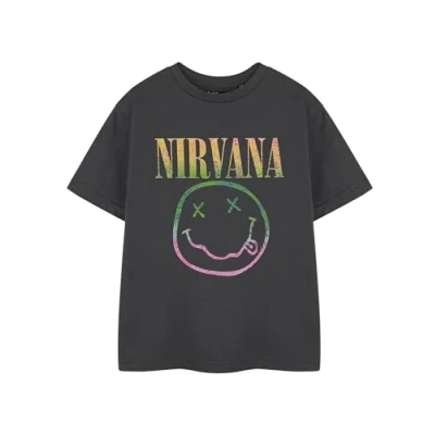 Imagen de Nirvana Camiseta Rainbow para niños Gris con el Logotipo del Arco Iris Camisa Unisex de Manga Corta Merchandising Rock Band