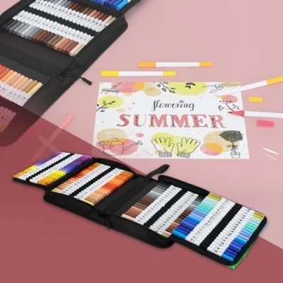 Imagen de ECD Germany Juego de 120 Rotuladores Finos y Gruesos para Niños Adultos Doble Pincel con Base Agua Caligrafía Manga Set Dibujo Pintura Profesional en Estuche portátil Cremallera
