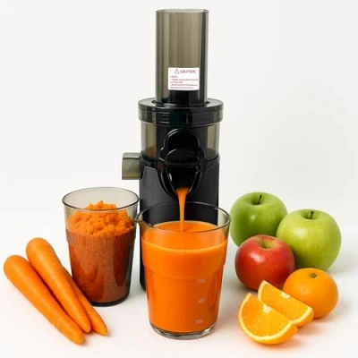 Imagen de JuiceInstant Extractor de zumos compacto para frutas y verduras, prensado en frío, exprimidor eléctrico sin BPA, con tamiz, antigoteo, licuadora lenta que conserva vitaminas (Negro)