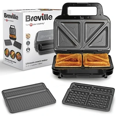 Imagen de Sandwichera Breville 3 in 1 Ultimate para preparar sándwiches rellenos, gofres y paninis Placas antiadherentes extraíbles Acero inoxidable negro [VST098X] Enchufe UE