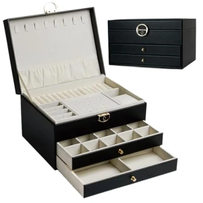 Imagen de AdelDream Joyero de tres niveles con diseño lineal regalo cumpleaños y vacaciones para mujer hija amigos color negro