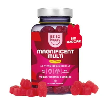 Imagen de Gominolas Multivitaminas, Complejo con 10 Vitaminas y Minerales, Vitamina B12 + B6 C D A Biotina Yodo Ac Folico, para el cansacio fatiga, 60 dias, Veganas, BeSoHappy®