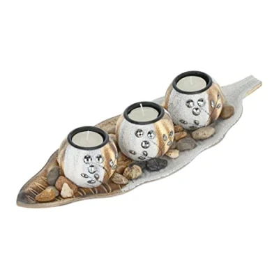 Imagen de Relaxdays Portavelas, 3 Candeleros, Bandeja Forma de Hoja, Piedras Decorativas, Centro Mesa Salón, Blanco y Marrón, 7 x 38 14 cm