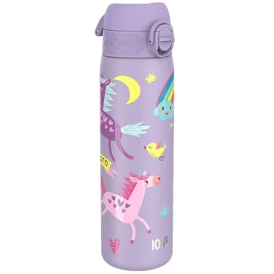 Imagen de ion8 Botella de Agua Acero Inoxidable, 600ml, a Prueba Fugas, Fácil Abrir, Aptas para Lavavajillas, Cerradura Segura, Asa Transporte, Limpiar, Diseño en Relieve, Unicornios Púrpura
