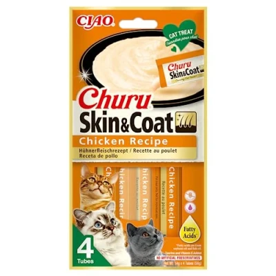 Imagen de INABA Churu Skin &amp; Coat Puré de Pollo para Gatos Omega 3 6 y Taurina Snacks Gatos, Textura Cremosa Comida Piel Pelaje 4 Tubos x 14g