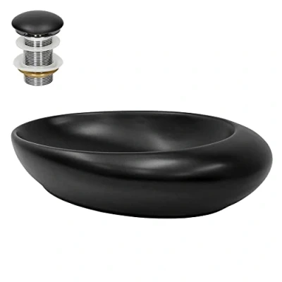 Imagen de ML Design Lavabo Cerámico Negro Mate 58,5x37,5x14,5 cm con Desagüe, Forma de Guijarro, Encimera Ovalado, Moderno, Lavamanos, para Baño