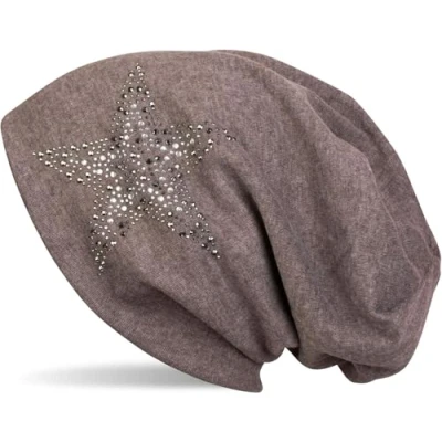 Imagen de styleBREAKER Gorro Beanie con Estrellas Strass y Piedras Preciosas en Tonos Plata Antracita, Slouch Largo, Unisex 04024087, Color:Marrón Jaspeado