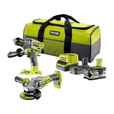 Imagen de RYOBI Duo BRUSHLESS: Taladro de impacto y amoladora angular 125 mm Se entrega en bolsa transporte con 2 baterías 5 Ah 1 cargador rápido RCK182BL 252S