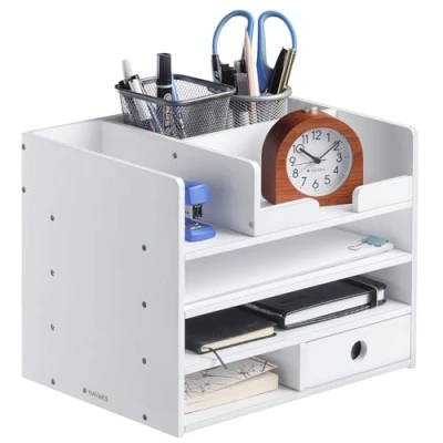 Imagen de Navaris Organizador de escritorio bambú Accesorio sobremesa con compartimentos Caja para almacenaje material oficina 33 x 24 26 CM