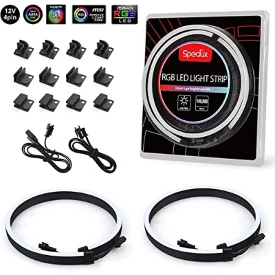 Imagen de Speclux Neon Digital RGB LED Strip Combo Set PC Tiras 400 mm 12 V 4 Pin Aura SYNC, Fusion con soportes magnéticos fuertes