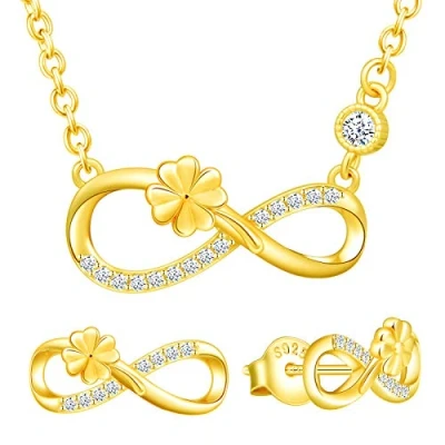 Imagen de Yumilok pendientes de mujer y collar plata ley 925, trébol 925 símbolo infinito, circonita con incrustaciones, oro