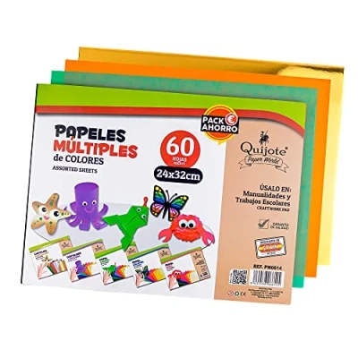 Imagen de BLOC PAPEL SURTIDO QUIJOTE PAPER WORLD Papeles múltiples, 24x32cm, cartulinas, charol, seda, celofán, cartulinas metalizadas, para hacer manualidades y scrapbooking 60 Hojas