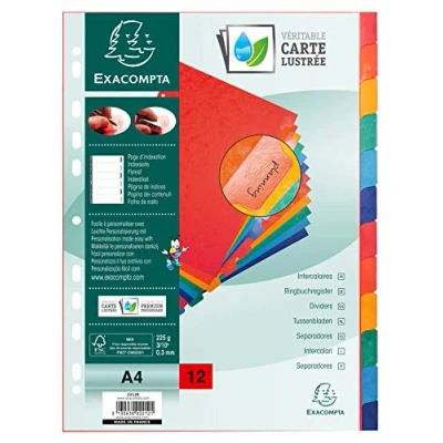 Imagen de Exacompta 2212E Separadores en cartulina FSC® brillo de 225g/m2 con 12 pestañas colores neutros reforzado y plastificado Tira perforada reforzada Formato para archivo A4