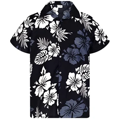 Imagen de King Kameha Funky Camisa Hawaiana, Manga Corta, Mono Hibiscus, Negro Blanco, XXL