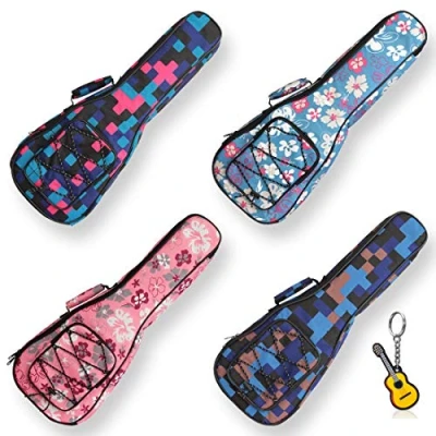 Imagen de LONGTEAM Funda para Ukelele con impresión de 10 mm, Esponja portátil, Impermeable, Bolsa ukeleles Bolsillo Almacenamiento Accesorios, Azul Cuadros, 23 In Concert