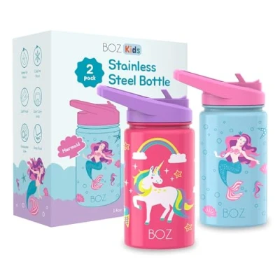 Imagen de BOZ Botella Agua Niños con Pajita Acero Inoxidable 414 ml, Térmica Aislamiento Doble Pared Sin BPA, Isotérmica Antiderrame Asa (Paquete de Dos, Unicord/Mermaid)