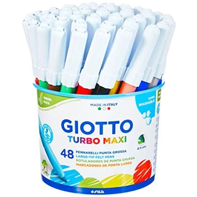 Imagen de GIOTTO Turbo Maxi, Rotuladores Lavables, Punta Maxi 5mm, Bote de Bio Plástico, 4x12 Colores Surtidos, 48 unidades