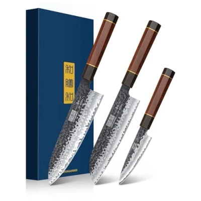 Imagen de HOSHANHO Juego de Cuchillos Cocina, 3 Piezas Japones Acero Alto Carbono, Cuchillo Chef Santoku para Pelar, Mango Ergonómico Palisandro