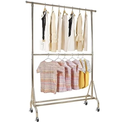 Imagen de Percheros Burro De Doble Barra sobre Ruedas, para Ropa Acero Inoxidable Plateado, Riel Colgante Extensible, Altura Ajustable, Organizador Portátil Dormitorio