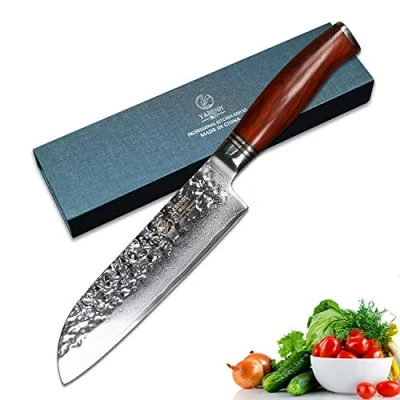 Imagen de YARENH Cuchillo Santoku Damasco 18 cm Cuchillos de Cocina profesionales Acero Japoneses &amp; Mango Madera Dalbergia Global HTT Serie