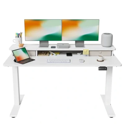 Imagen de FEZIBO Escritorio de Pie Eléctrico con 2 Cajones 140 * 60 cm Mesa Altura Ajustable Tablero, Sistema Anticolisión, Soporte para Monitor, Panel Control Funciones Memoria Oficina y Hogar