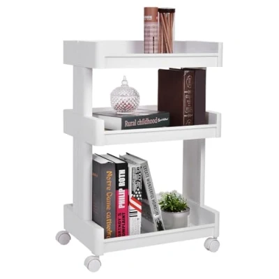 Imagen de SONGMICS Carrito de Plástico con 3 Niveles, Estantería Ruedas PP, Organizador para Cocina y Baño, Estante Almacenamiento, Blanco KSC01WT